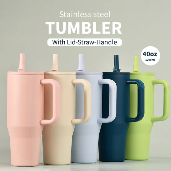 Wholesale Custom Logo Stainless Steel Leak Proof Tumbler Vacuum Insulated Coffee Mug 30oz 40oz Flip Straw Tumbler with Handle